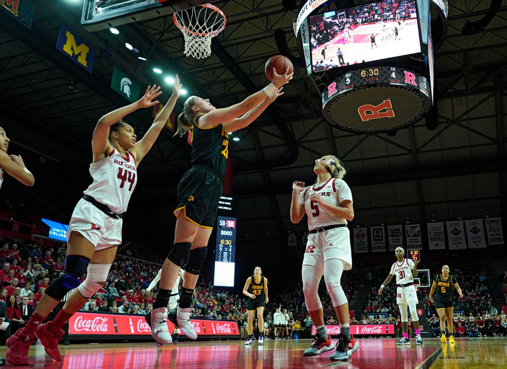 Iowa forward/center Monika Czinano (25) makes a basket during the first quarter of their game at the Rutgers Athletic Center in Piscataway, N.J. on Sunday, March 1, 2020. (Stephen Mally/hawkeyesports.com)