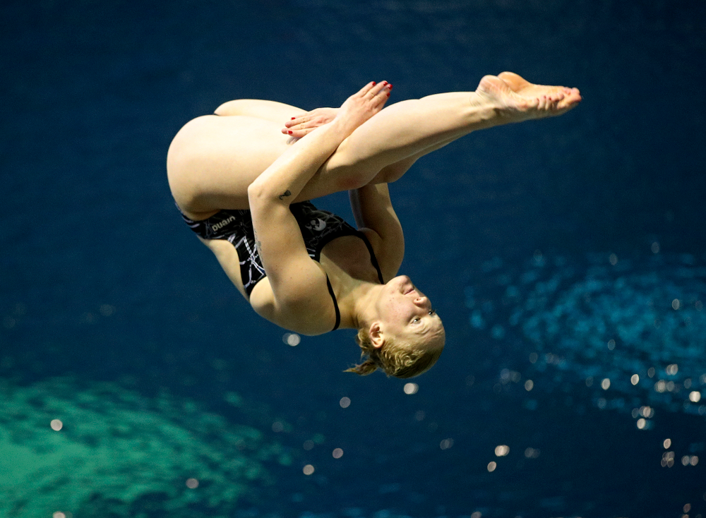 Iowa’s Thelma Strandberg competes in the women’s 1 meter diving preliminary event during the 2020 Women’s Big Ten Swimming and Diving Championships at the Campus Recreation and Wellness Center in Iowa City on Thursday, February 20, 2020. (Stephen Mally/hawkeyesports.com)