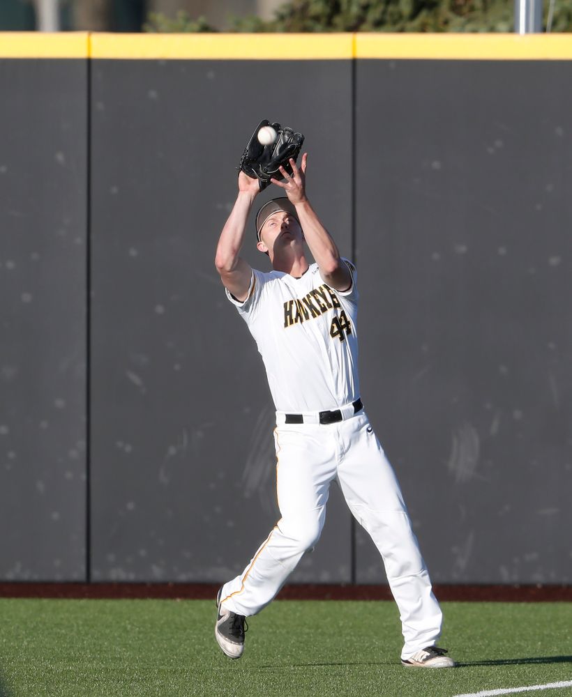 Iowa Hawkeyes outfielder Robert Neustrom (44) against the Michigan Wolverines Friday, April 27, 2018 at Duane Banks Field in Iowa City. (Brian Ray/hawkeyesports.com)