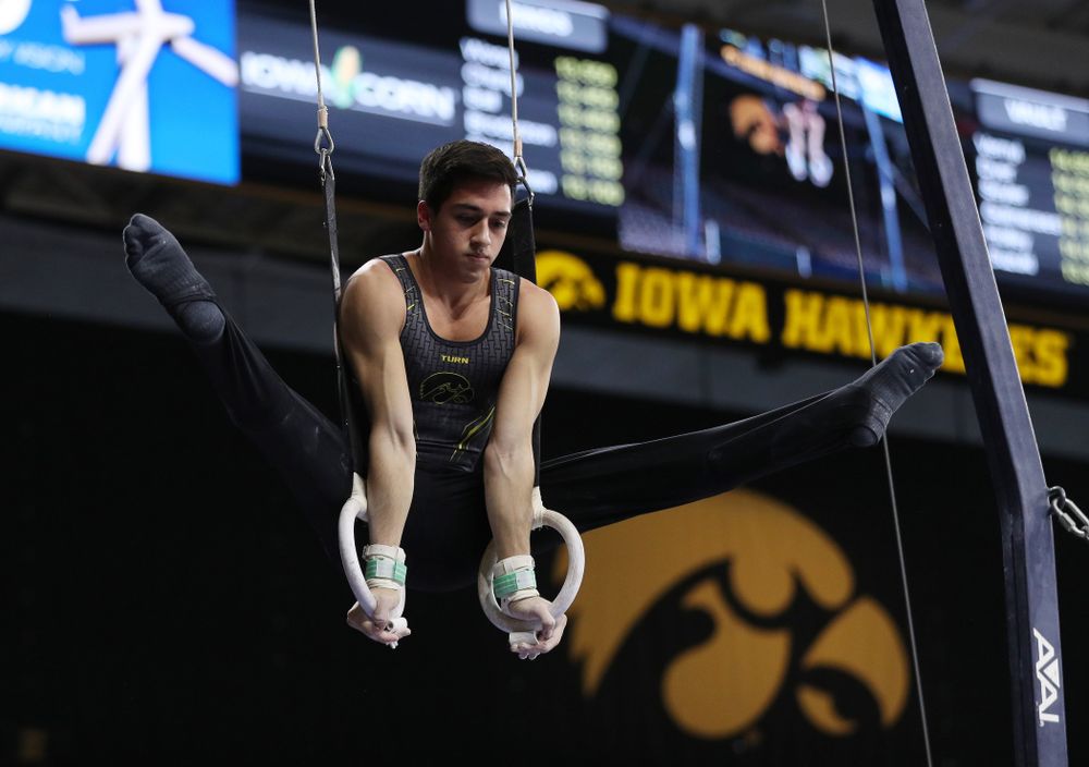 Iowa's Andrew Herrador competes on the rings against Oklahoma Saturday, February 9, 2019 at Carver-Hawkeye Arena. (Brian Ray/hawkeyesports.com)