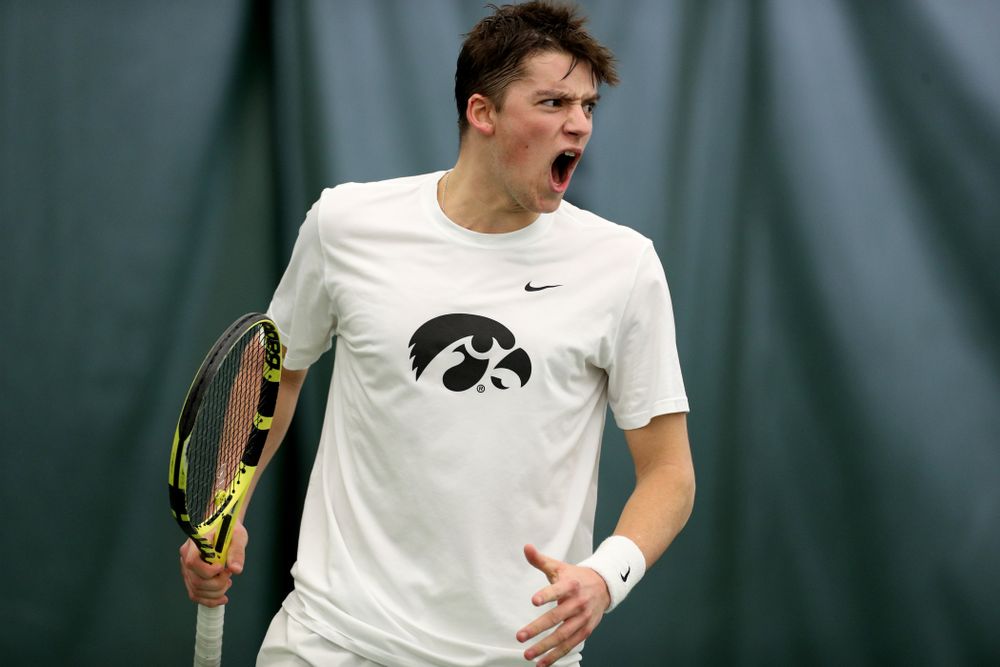 Iowa’s Joe Tyler against Cornell Sunday, March 8, 2020 at the Hawkeye Tennis and Recreation Center. (Brian Ray/hawkeyesports.com)