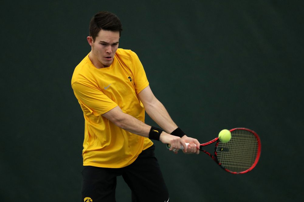 Jonas Larsen against the Butler Bulldogs Sunday, January 27, 2019 at the Hawkeye Tennis and Recreation Complex. (Brian Ray/hawkeyesports.com)