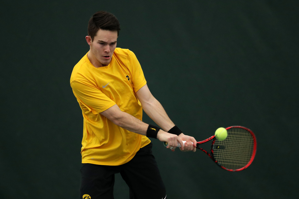 Jonas Larsen against the Butler Bulldogs Sunday, January 27, 2019 at the Hawkeye Tennis and Recreation Complex. (Brian Ray/hawkeyesports.com)
