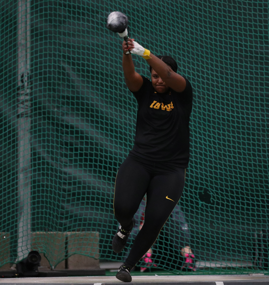 Iowa's Nia Britt competes in the weight throw Friday, January 11, 2019 at the Hawkeye Tennis and Recreation Center. (Brian Ray/hawkeyesports.com)
