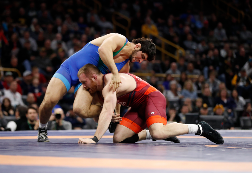 Kyle Snyder during the gold medal match of the United World Wrestling Freestyle World Cup against Azerbaijan Sunday, April 8, 2018 at Carver-Hawkeye Arena. (Brian Ray/hawkeyesports.com)