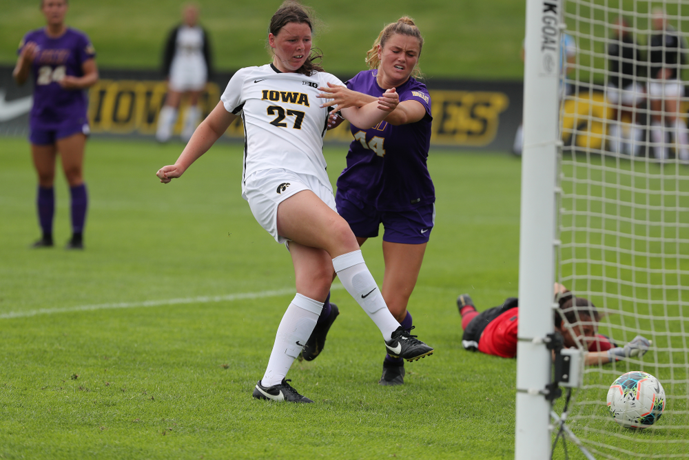 Iowa Hawkeyes forward Samantha Tawharu (27) scores during a 6-1 win over Northern Iowa Sunday, August 25, 2019 at the Iowa Soccer Complex. (Brian Ray/hawkeyesports.com)