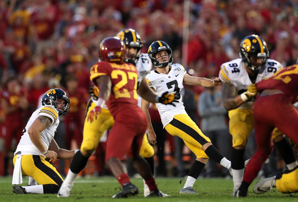 Iowa Hawkeyes place kicker Keith Duncan (3) kicks a field goal against the Iowa State Cyclones Saturday, September 14, 2019 in Ames, Iowa. (Brian Ray/hawkeyesports.com)