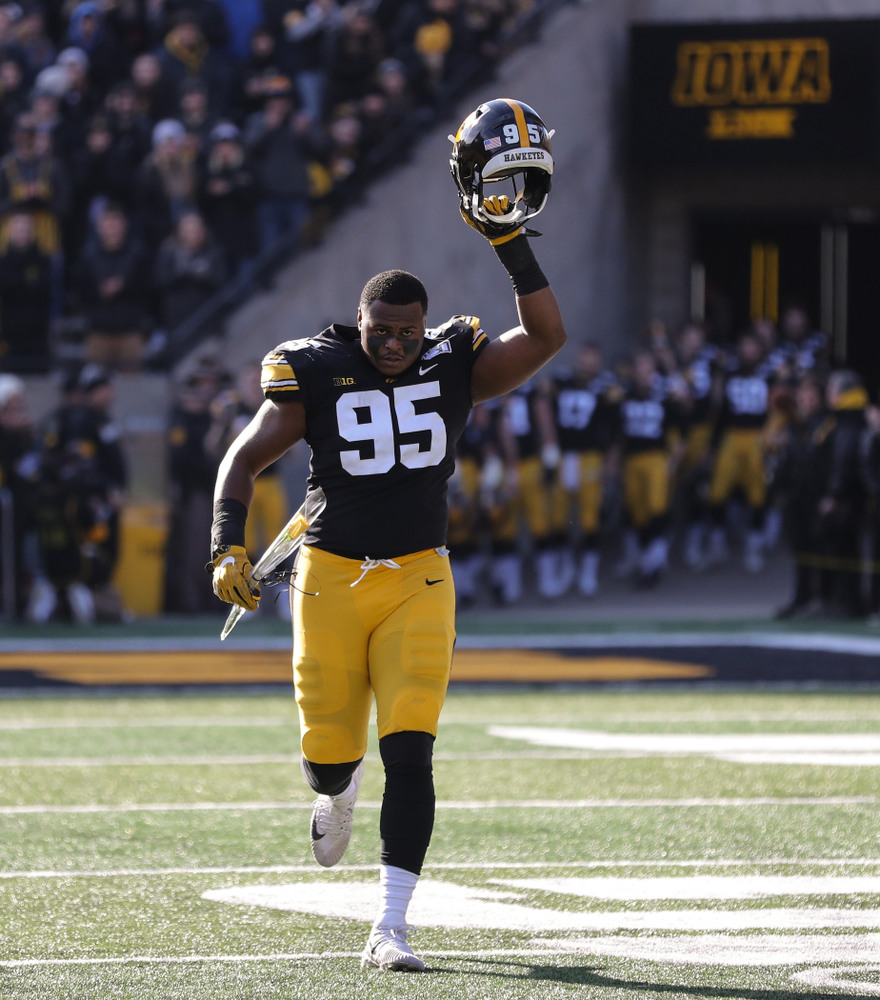 Iowa Hawkeyes defensive lineman Cedrick Lattimore (95) during Senior Day festivities before their game against the Illinois Fighting Illini Saturday, November 23, 2019 at Kinnick Stadium. (Brian Ray/hawkeyesports.com)