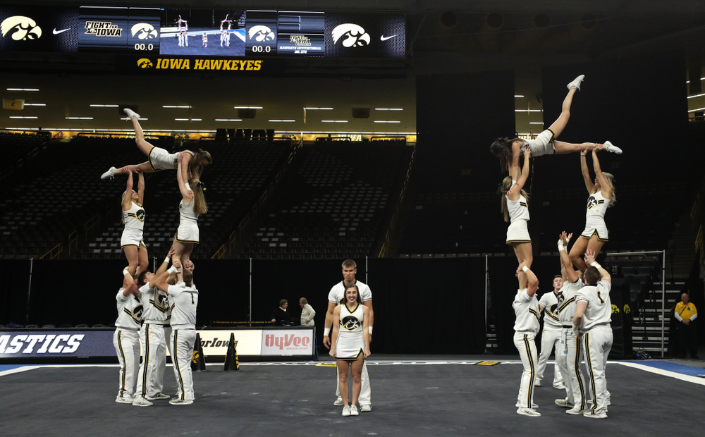 The Iowa Cheerleaders perform before the Iowa Women's Gymnastics meet against Southeast Missouri State Friday, January 11, 2019 at Carver-Hawkeye Arena. (Brian Ray/hawkeyesports.com)