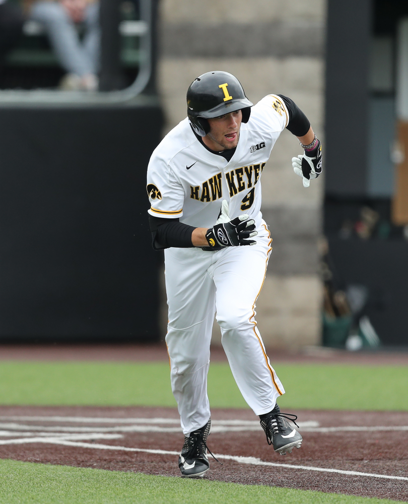 Iowa Hawkeyes outfielder Ben Norman (9) against Michigan State Sunday, May 12, 2019 at Duane Banks Field. (Brian Ray/hawkeyesports.com)