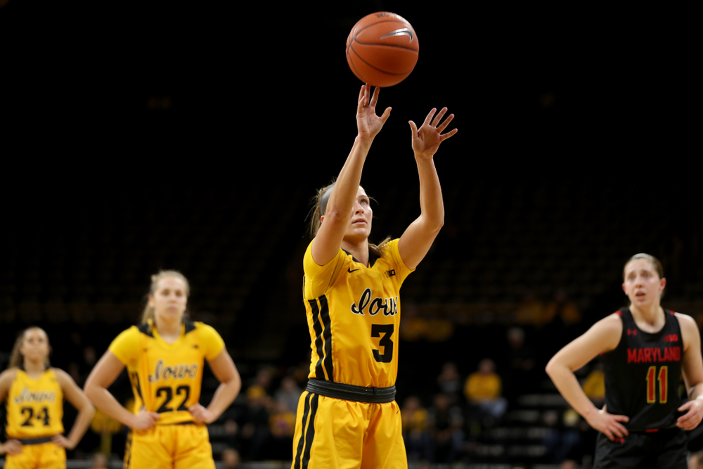 Iowa Hawkeyes guard Makenzie Meyer (3) against the Maryland Terrapins Thursday, January 9, 2020 at Carver-Hawkeye Arena. (Brian Ray/hawkeyesports.com)