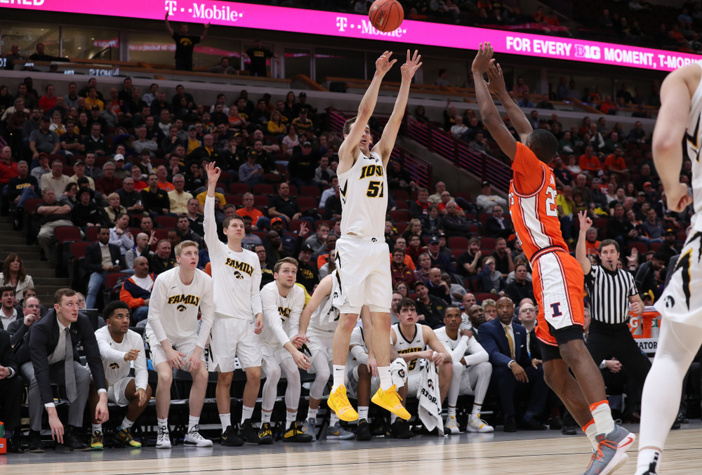 Iowa Hawkeyes forward Nicholas Baer (51) against the Illinois Fighting Illini in the 2019 Big Ten Men's Basketball Tournament Thursday, March 14, 2019 at the United Center in Chicago. (Brian Ray/hawkeyesports.com)