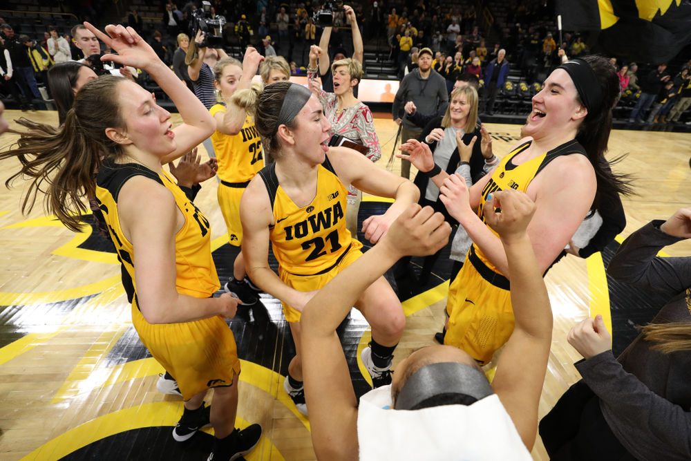 Iowa Hawkeyes forward Amanda Ollinger (43), forward Hannah Stewart (21), and forward Megan Gustafson (10) against the Michigan State Spartans Thursday, February 7, 2019 at Carver-Hawkeye Arena. (Brian Ray/hawkeyesports.com)