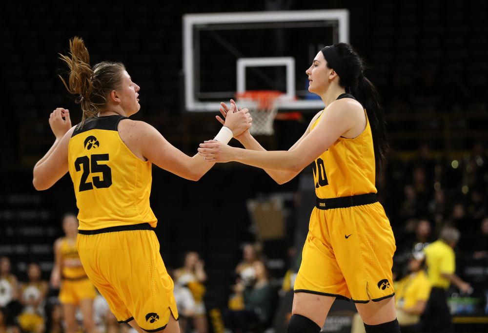 Iowa Hawkeyes forward Megan Gustafson (10) and forward/center Monika Czinano (25) against the Robert Morris Colonials Sunday, December 2, 2018 at Carver-Hawkeye Arena. (Brian Ray/hawkeyesports.com)