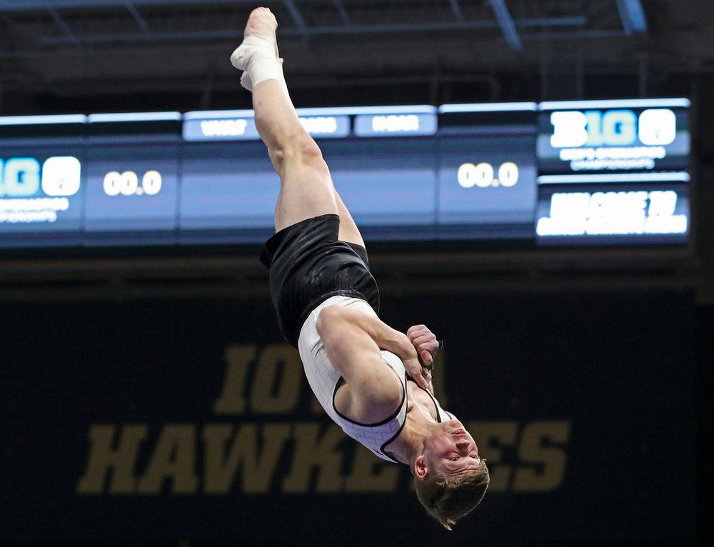 Iowa's Stewart Brown competes in the vault during the second day of the Big Ten Men's Gymnastics Championships at Carver-Hawkeye Arena in Iowa City on Saturday, Apr. 6, 2019. (Stephen Mally/hawkeyesports.com)