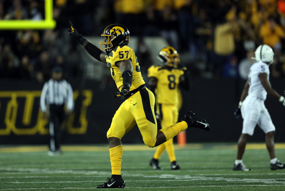 Iowa Hawkeyes defensive end Chauncey Golston (57) against the Penn State Nittany Lions Saturday, October 12, 2019 at Kinnick Stadium. (Brian Ray/hawkeyesports.com)