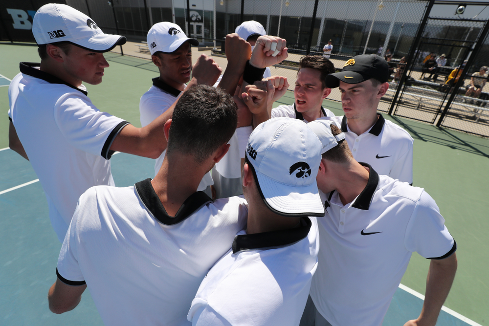 IowaÕs Jonas Larsen pumps up his teammates before their game against the Michigan Wolverines Sunday, April 21, 2019 at the Hawkeye Tennis and Recreation Complex. (Brian Ray/hawkeyesports.com)