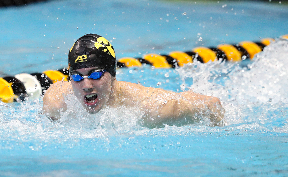 Iowa’s Dolan Craine swims the men’s 200-yard butterfly event during their meet against Michigan State and Northern Iowa at the Campus Recreation and Wellness Center in Iowa City on Friday, Oct 4, 2019. (Stephen Mally/hawkeyesports.com)