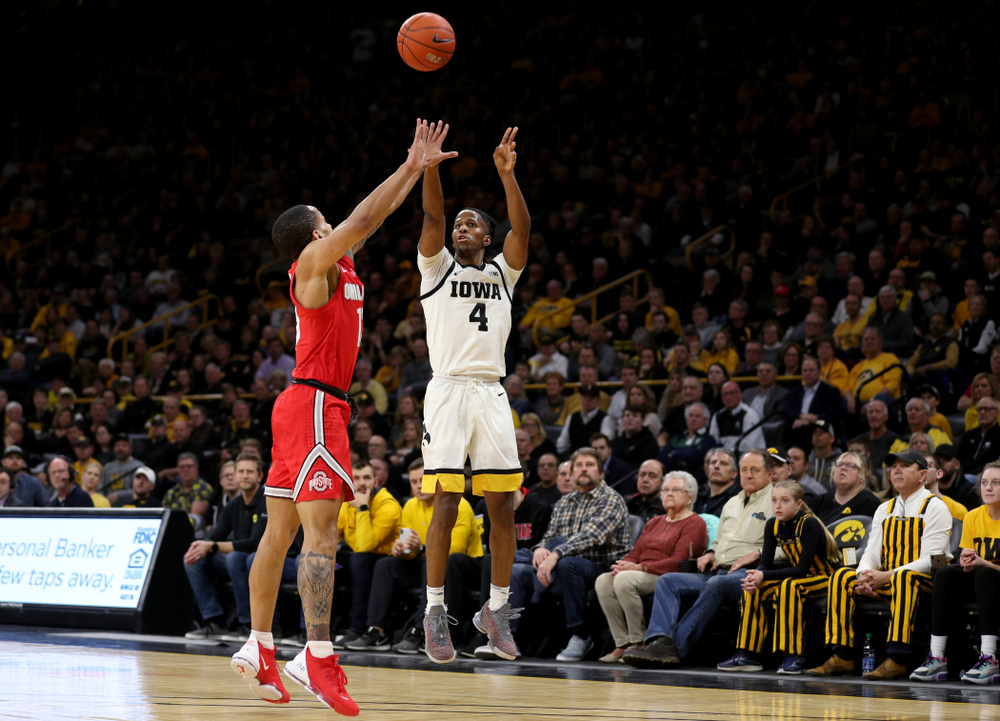 Iowa Hawkeyes guard Bakari Evelyn (4) against the Ohio State Buckeyes Thursday, February 20, 2020 at Carver-Hawkeye Arena. (Brian Ray/hawkeyesports.com)