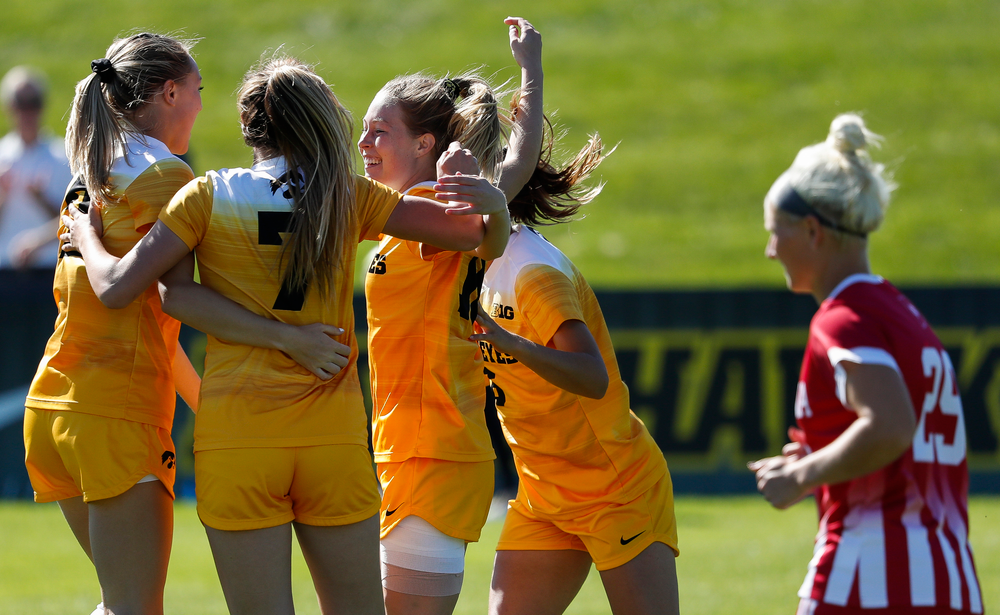 Iowa Hawkeyes midfielder Natalie Winters (10) celebrates after scoring a goal during a game against Indiana at the Iowa Soccer Complex on September 23, 2018. (Tork Mason/hawkeyesports.com)