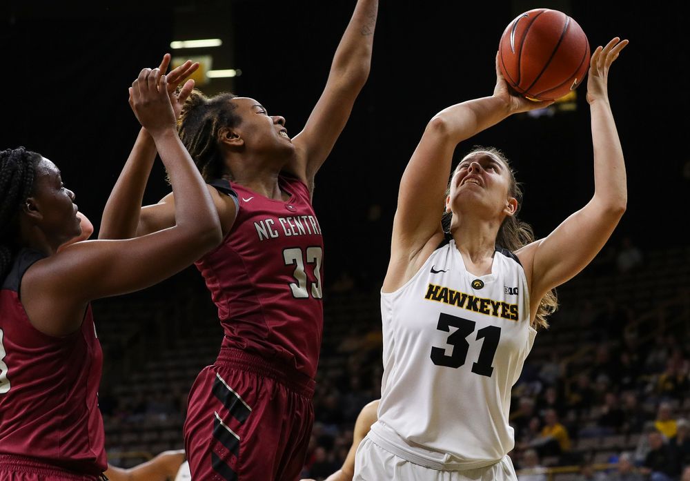 Iowa Hawkeyes forward Paula Valino Ramos (31) puts up a shot during a game against North Carolina Central at Carver-Hawkeye Arena on November 17, 2018. (Tork Mason/hawkeyesports.com)