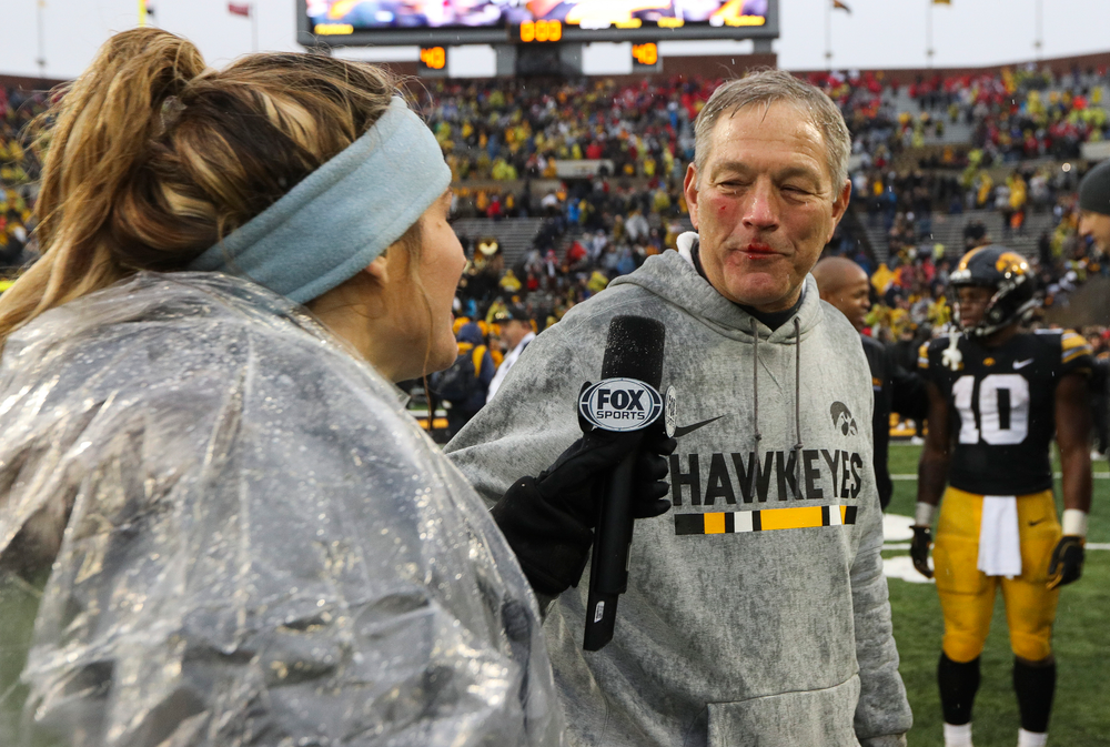 Iowa Hawkeyes head coach Kirk Ferentz is interviewed on the field after a 31-28 win against Nebraska at Kinnick Stadium on November 23, 2018. (Tork Mason/hawkeyesports.com)