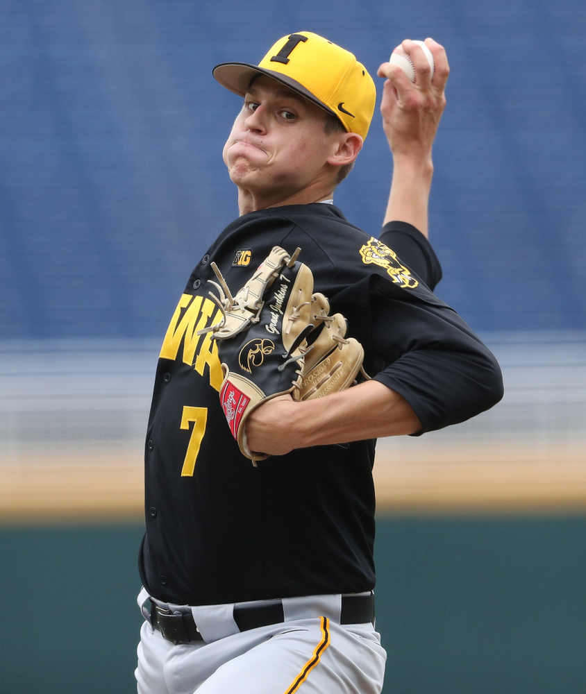 Iowa Hawkeyes Grant Judkins (7) against the Nebraska Cornhuskers in the first round of the Big Ten Baseball Tournament Friday, May 24, 2019 at TD Ameritrade Park in Omaha, Neb. (Brian Ray/hawkeyesports.com)
