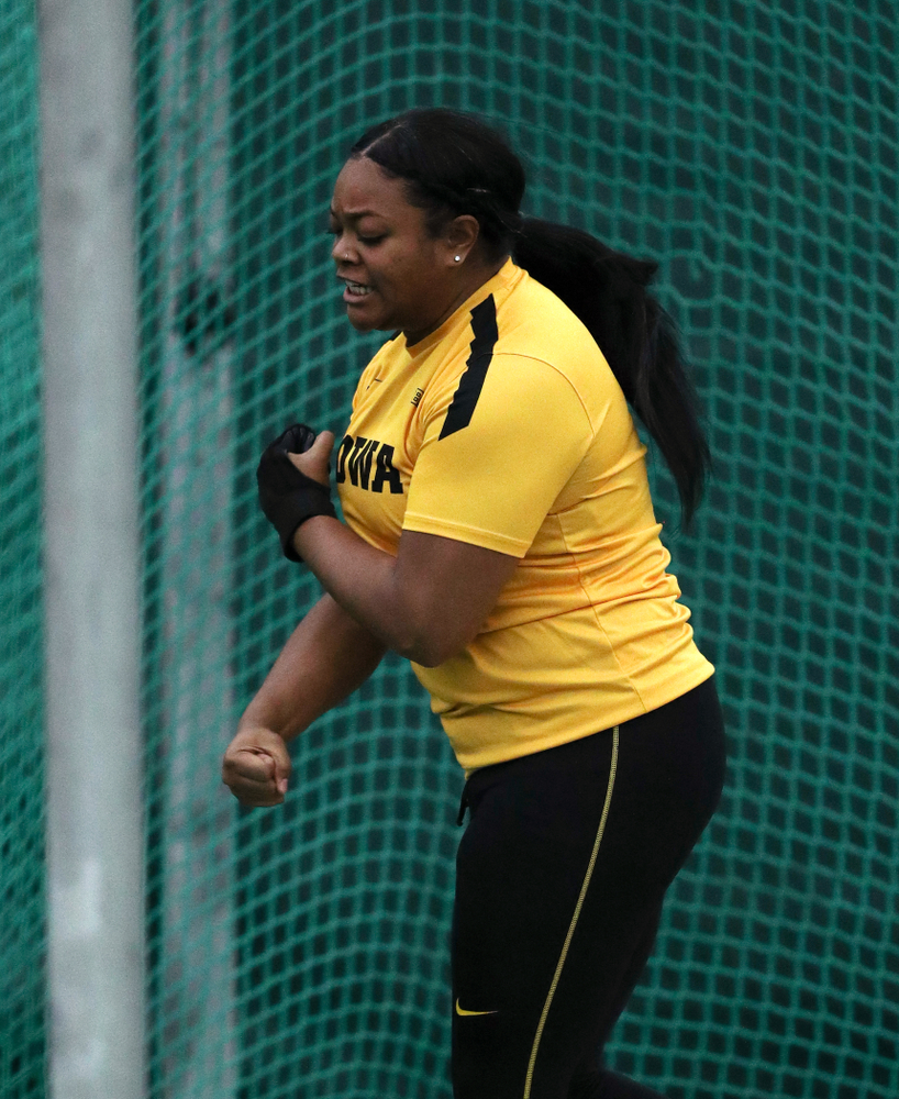 Iowa's Laulauga Tausaga competes in the weight throw during the Jimmy Grant Invitational Saturday, December 8, 2018 at the Hawkeye Tennis and Recreation Center. (Brian Ray/hawkeyesports.com)