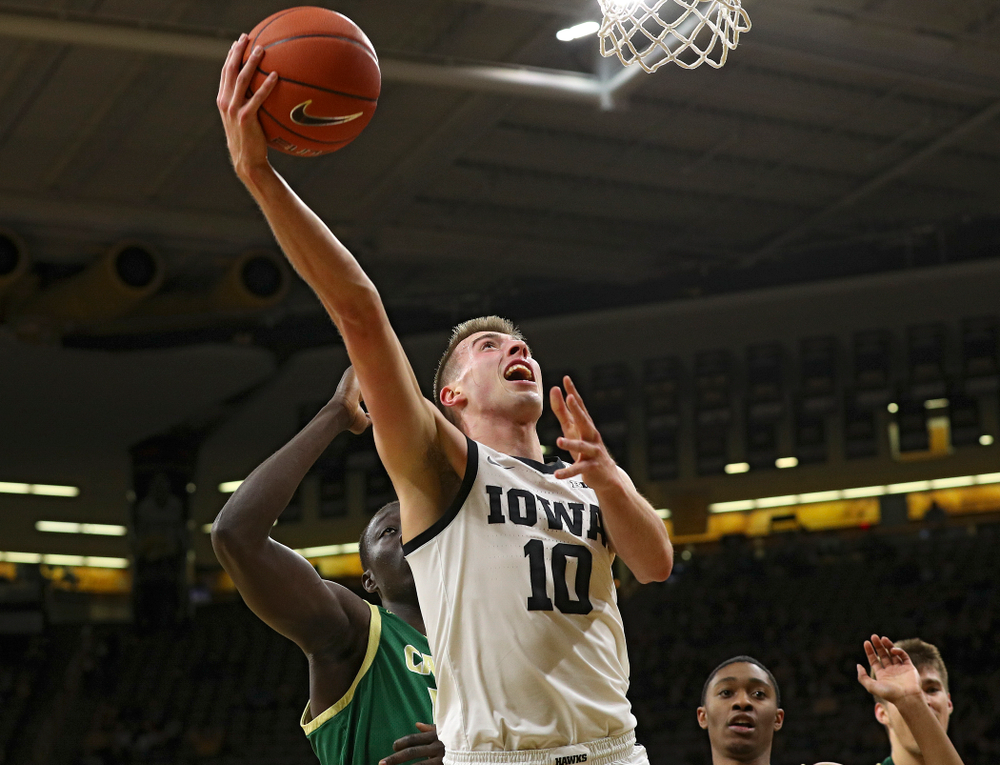 Iowa Hawkeyes guard Joe Wieskamp (10) puts up a shot during the first half of their game at Carver-Hawkeye Arena in Iowa City on Sunday, Nov 24, 2019. (Stephen Mally/hawkeyesports.com)
