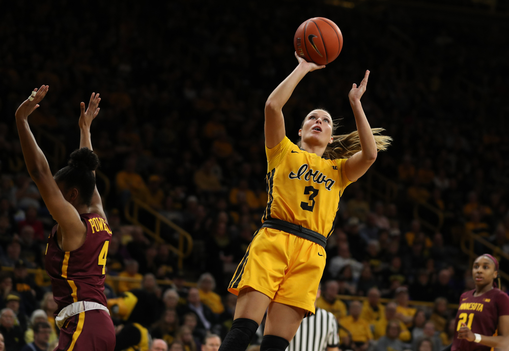 Iowa Hawkeyes guard Makenzie Meyer (3) against the Minnesota Golden Gophers Thursday, February 27, 2020 at Carver-Hawkeye Arena. (Brian Ray/hawkeyesports.com)