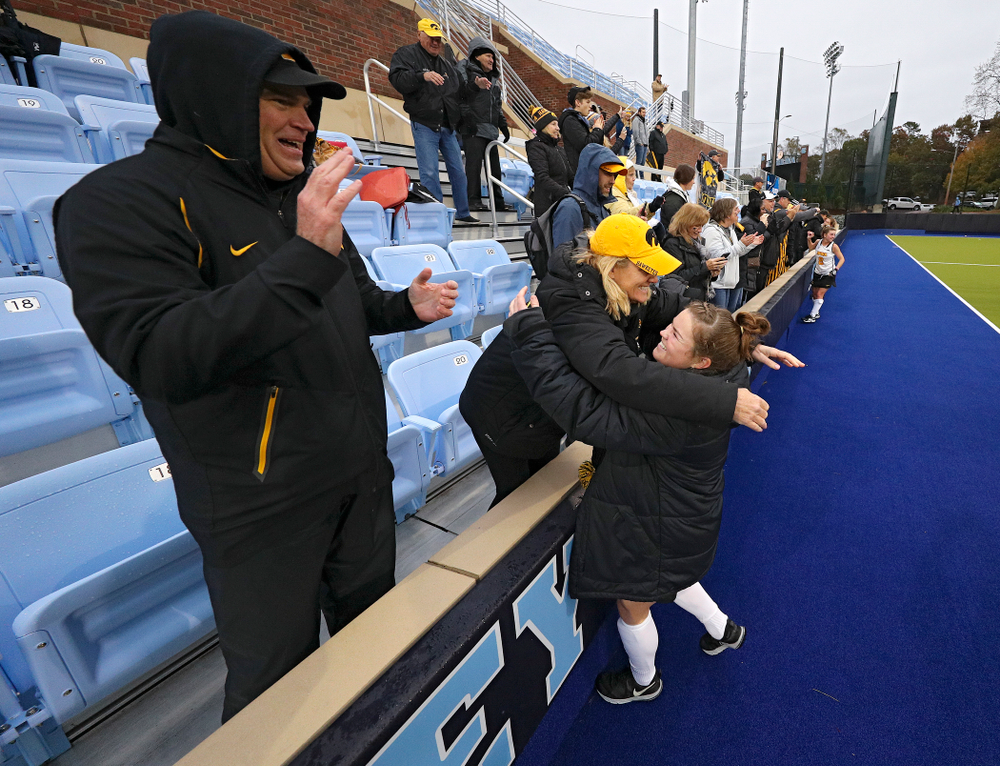 Iowa’s Meghan Conroy (5) gets a hug after winning their NCAA Tournament First Round match against Duke at Karen Shelton Stadium in Chapel Hill, N.C. on Friday, Nov 15, 2019. (Stephen Mally/hawkeyesports.com)
