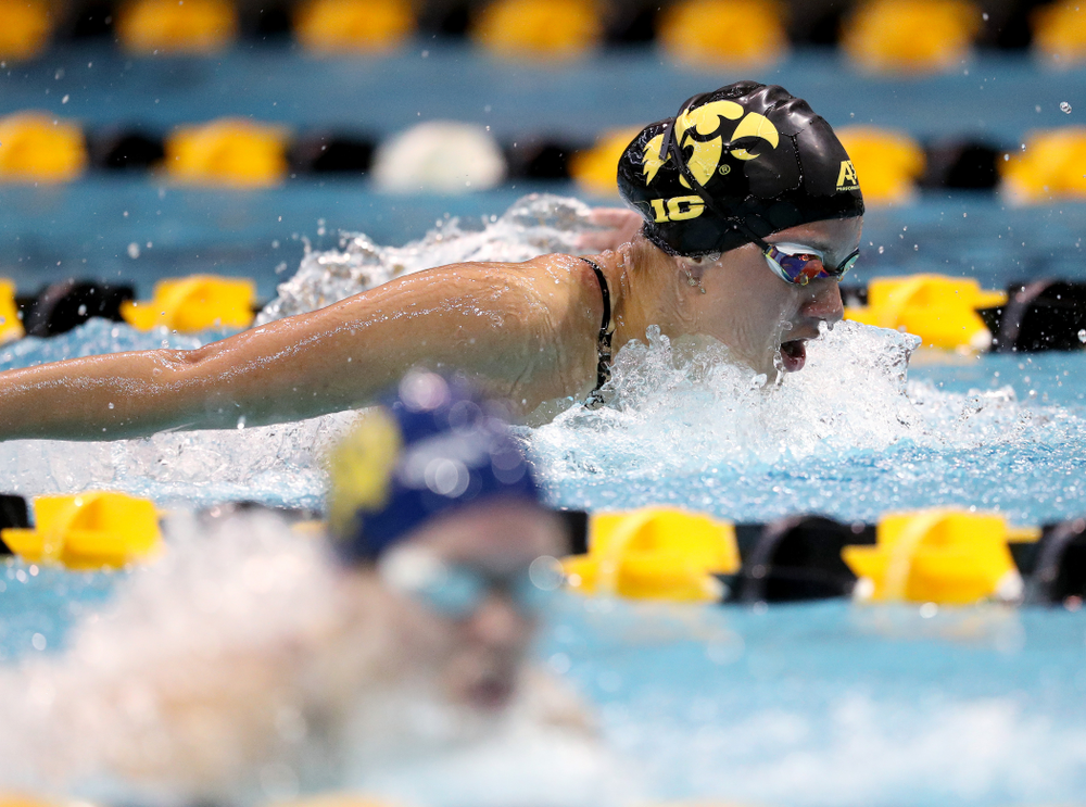 IowaÕs Christina Kaufman competes in the 200 yard butterfly against Notre Dame and Illinois Saturday, January 11, 2020 at the Campus Recreation and Wellness Center. (Brian Ray/hawkeyesports.com)