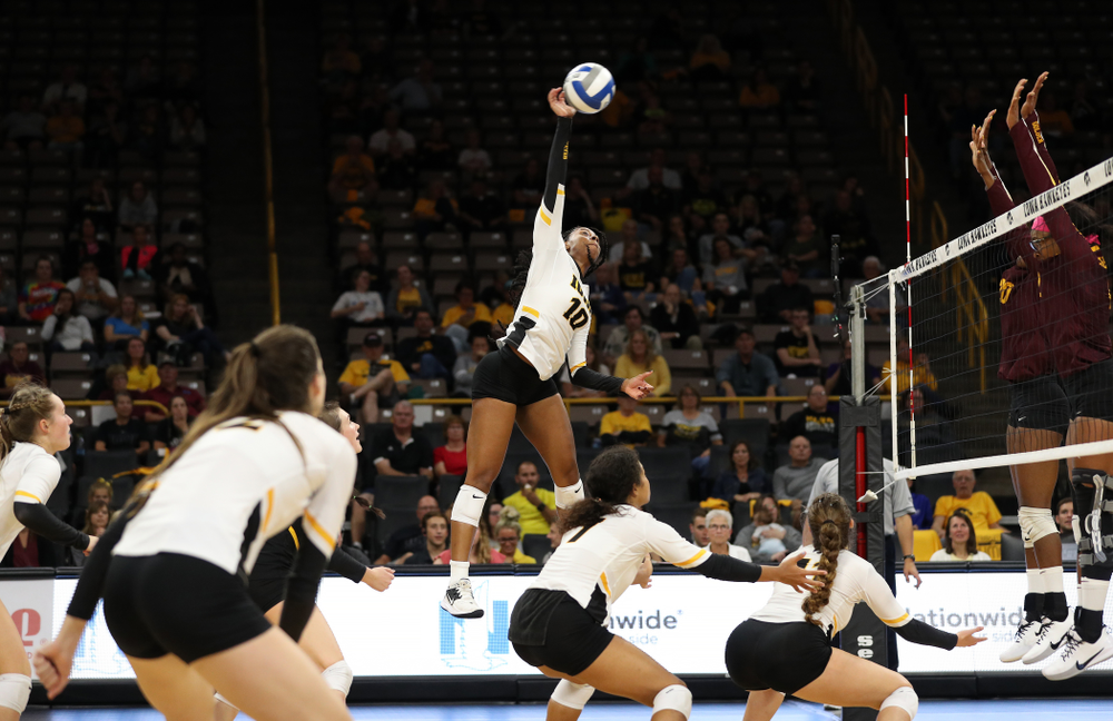 Iowa Hawkeyes outside hitter Griere Hughes (10) against the Minnesota Golden Gophers Wednesday, October 2, 2019 at Carver-Hawkeye Arena. (Brian Ray/hawkeyesports.com)