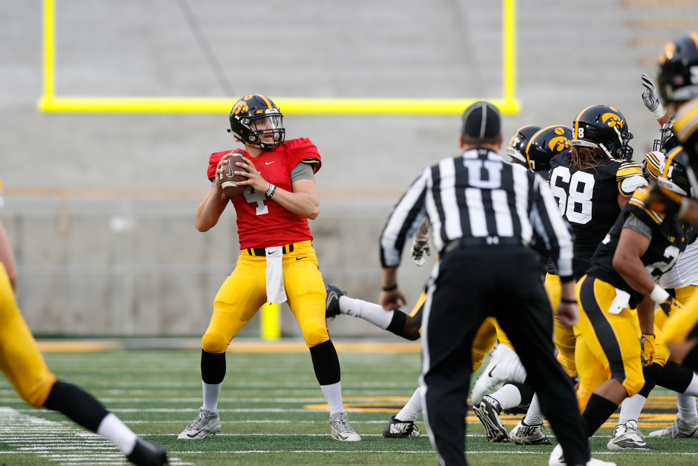 Iowa Hawkeyes quarterback Nathan Stanley (4) during the final spring practice Friday, April 20, 2018 at Kinnick Stadium. (Brian Ray/hawkeyesports.com)