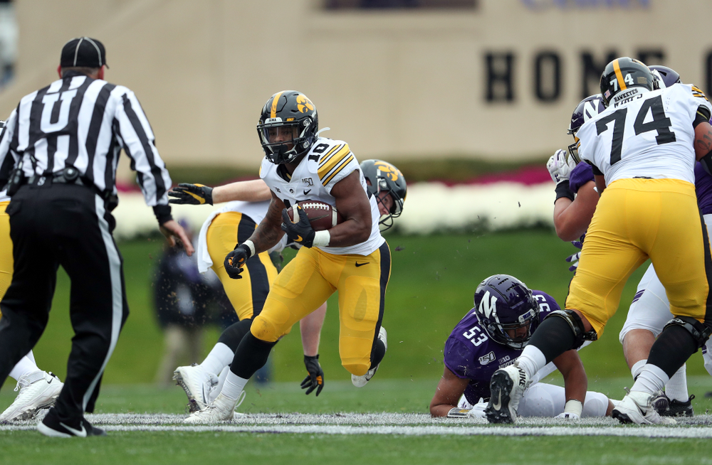Iowa Hawkeyes running back Mekhi Sargent (10) against the Northwestern Wildcats Saturday, October 26, 2019 at Ryan Field in Evanston, Ill. (Brian Ray/hawkeyesports.com)