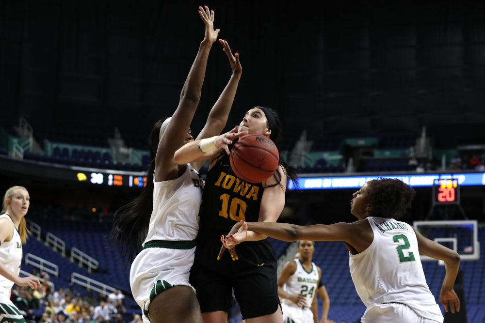 Iowa Hawkeyes forward Megan Gustafson (10) against the Baylor Lady Bears in the regional final of the 2019 NCAA Women's College Basketball Tournament Monday, April 1, 2019 at Greensboro Coliseum in Greensboro, NC.(Brian Ray/hawkeyesports.com)