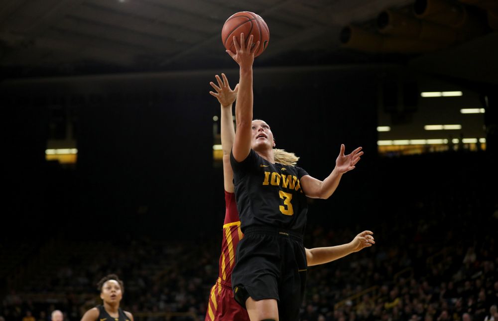 Iowa Hawkeyes guard Makenzie Meyer (3) against the Iowa State Cyclones in the Iowa Corn Cy-Hawk Series Wednesday, December 5, 2018 at Carver-Hawkeye Arena. (Brian Ray/hawkeyesports.com)