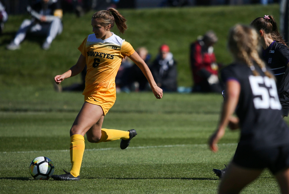 Iowa Hawkeyes midfielder Isabella Blackman (6) dribbles the ball during a game against Northwestern at the Iowa Soccer Complex on October 21, 2018. (Tork Mason/hawkeyesports.com)