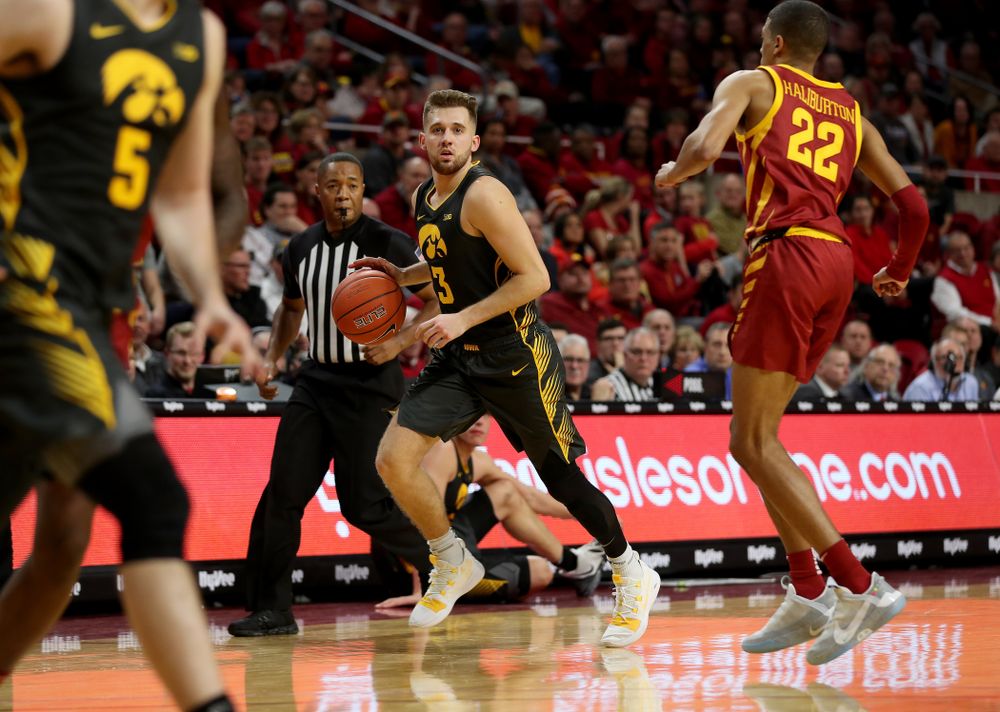 Iowa Hawkeyes guard Jordan Bohannon (3) against the Iowa State Cyclones Thursday, December 12, 2019 at Hilton Coliseum in Ames, Iowa(Brian Ray/hawkeyesports.com)