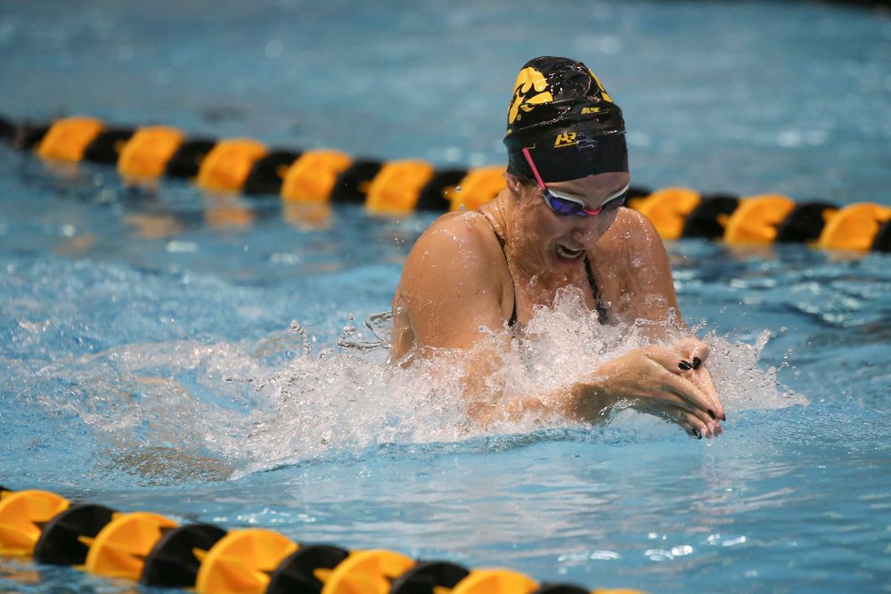 Iowa’s Zoe Mekus swims the 100-yard breaststroke during the Iowa swimming and diving meet vs Notre Dame and Illinois on Saturday, January 11, 2020 at the Campus Recreation and Wellness Center. (Lily Smith/hawkeyesports.com)
