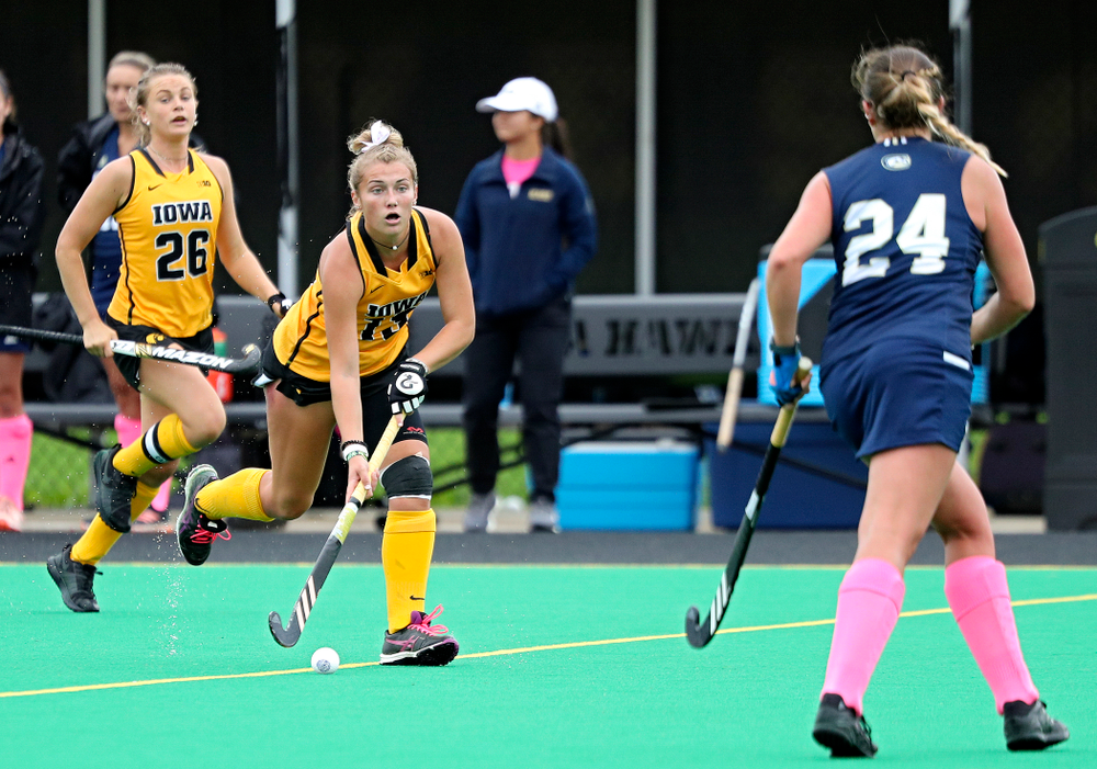 Iowa’s Leah Zellner (13) looks down field as she moves with the ball during the second quarter of their game against UC Davis at Grant Field in Iowa City on Sunday, Oct 6, 2019. (Stephen Mally/hawkeyesports.com)