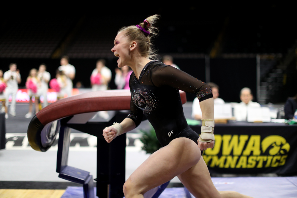 Iowa’s Allyson Steffensmeier competes on the vault against Michigan Friday, February 14, 2020 at Carver-Hawkeye Arena. (Brian Ray/hawkeyesports.com)