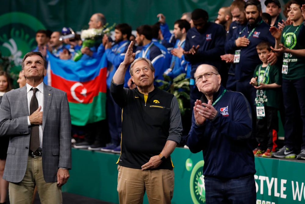 University of Iowa President Bruce Harreld and Dan Gable following the gold medal match of the United World Wrestling Freestyle World Cup against Azerbaijan Sunday, April 8, 2018 at Carver-Hawkeye Arena. (Brian Ray/hawkeyesports.com)