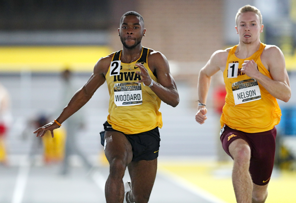 Iowa’s Antonio Woodard runs the men’s 60 meter dash premier preliminary event during the Larry Wieczorek Invitational at the Recreation Building in Iowa City on Saturday, January 18, 2020. (Stephen Mally/hawkeyesports.com)