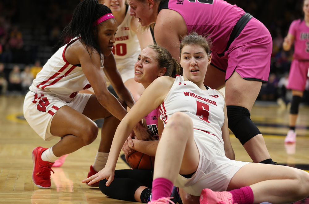 Iowa Hawkeyes guard Kathleen Doyle (22) against the Wisconsin Badgers Sunday, February 16, 2020 at Carver-Hawkeye Arena. (Brian Ray/hawkeyesports.com)