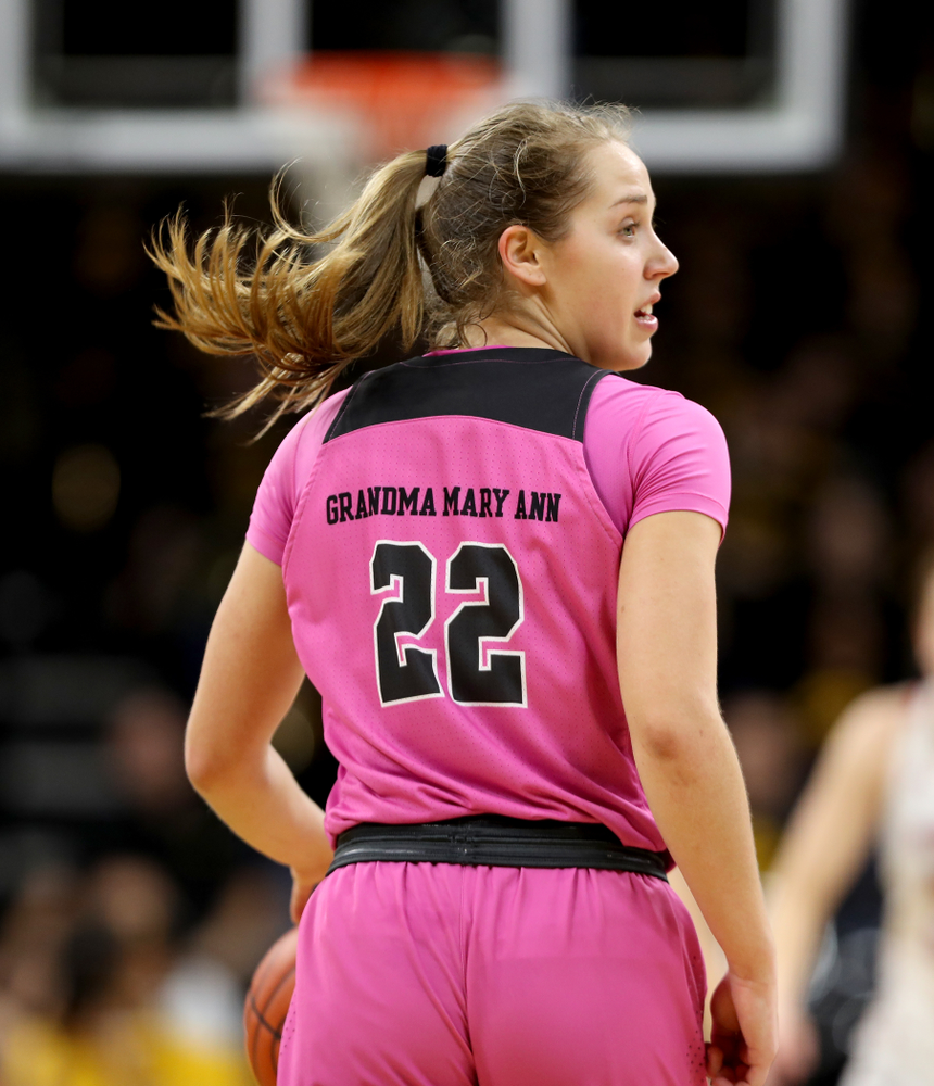 Iowa Hawkeyes guard Kathleen Doyle (22) against the Wisconsin Badgers Sunday, February 16, 2020 at Carver-Hawkeye Arena. (Brian Ray/hawkeyesports.com)