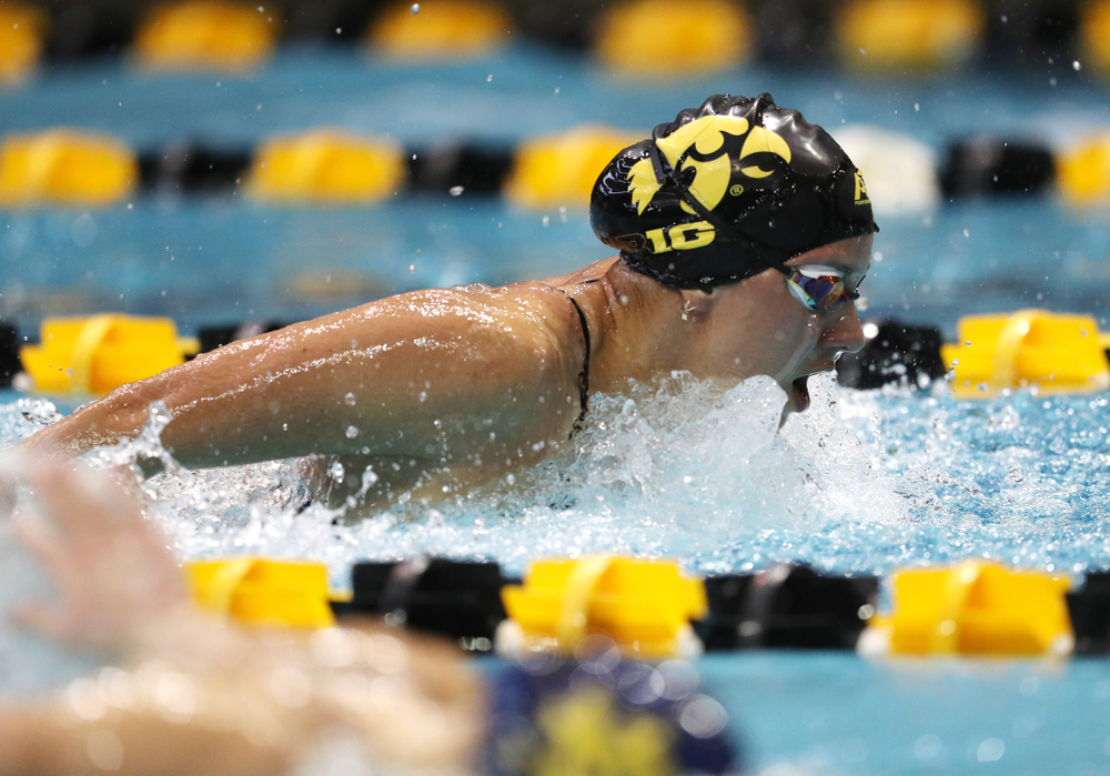 IowaÕs Christina Kaufman competes in the 200 yard butterfly against Notre Dame and Illinois Saturday, January 11, 2020 at the Campus Recreation and Wellness Center. (Brian Ray/hawkeyesports.com)