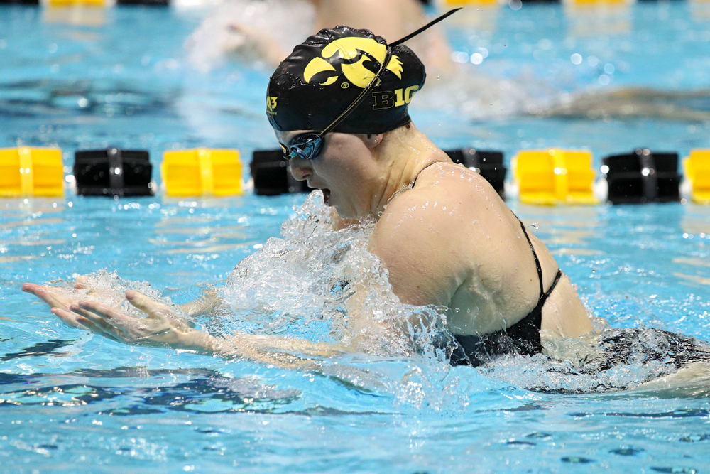 Iowa’s Cc Crane swims the breaststroke section of the 100-yard individual medley event during their meet against Michigan State at the Campus Recreation and Wellness Center in Iowa City on Thursday, Oct 3, 2019. (Stephen Mally/hawkeyesports.com)