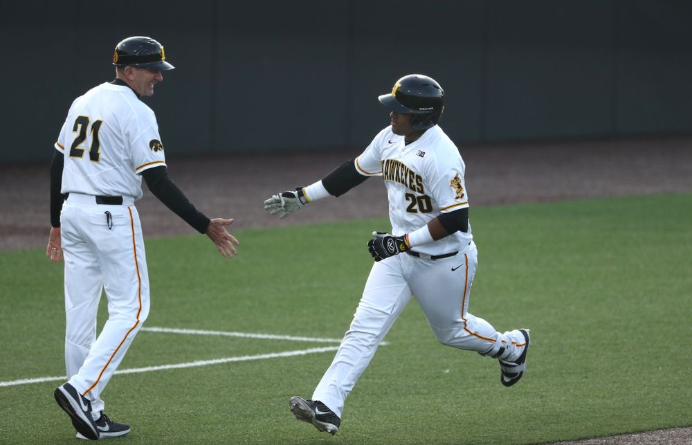 Iowa Hawkeyes Izaya Fullard (20) hits a home run during game one against UC Irvine Friday, May 3, 2019 at Duane Banks Field. (Brian Ray/hawkeyesports.com)