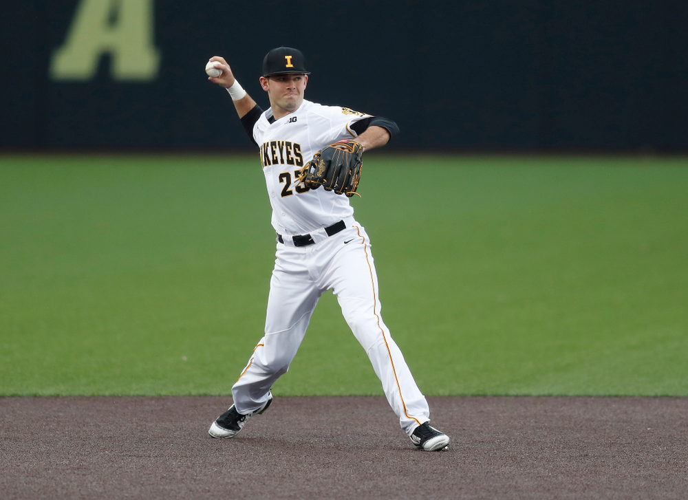 Iowa Hawkeyes infielder Kyle Crowl (23) against Coe College Wednesday, April 11, 2018 at Duane Banks Field. (Brian Ray/hawkeyesports.com)